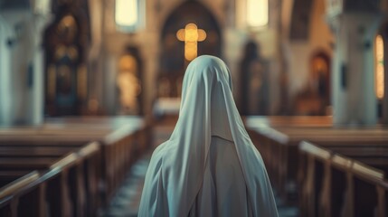 Back view of nun in church created. - obrazy, fototapety, plakaty