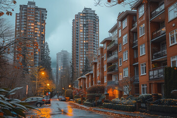 Beautiful autumn cityscape of skyscrapers and townhouses in the fog.