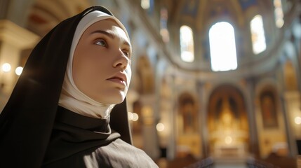 Portrait of beautiful nun in church created.