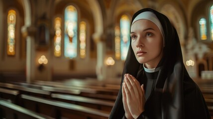Portrait of beautiful nun in church created. - obrazy, fototapety, plakaty
