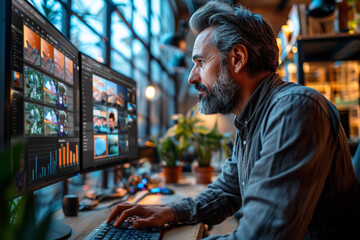 Serious mature man working on computer while sitting at his working place