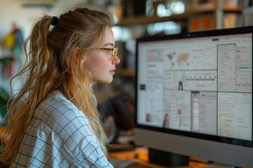 young woman with glasses looks at a large monitor, office worker, trader