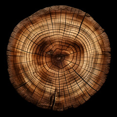 Cross section of tree trunk showing growth rings isolated on black background.