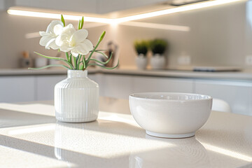 Fototapeta na wymiar White ceramic vase with flower on table in modern kitchen interior.
