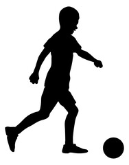 Fototapeta na wymiar Junior soccer player, silhouette of boy with ball. Vector illustration