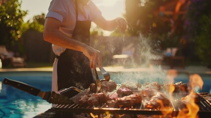 A male making barbecue at poolside party with family in backyard.