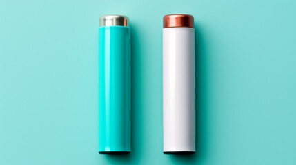 Rechargeable battery on blue background. Positive