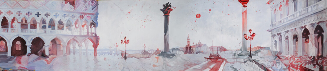 modern mural painting in gray and red of St. Mark's Square in Venice