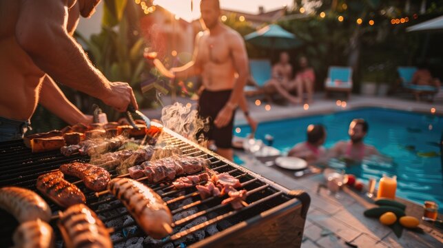 A male making barbecue at poolside party with family in backyard.