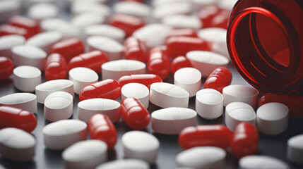 Redwhite antibiotic capsule pills spread out of w - obrazy, fototapety, plakaty