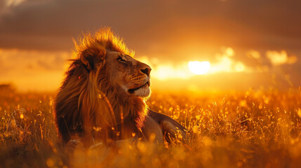Majestic lion basking in the golden savannah sunset. 