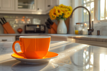 Orange cup of coffee on a white table in a modern kitchen.