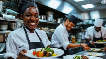 Happy African American chef and her coworker decorating plate with waiter serving food in restaurant kitchen.