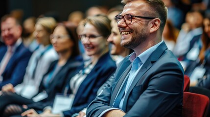 Happy entrepreneurs attending business seminar in conference hall.
