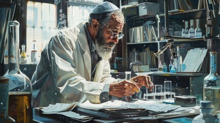 A portrait of a Jewish American scientist in their laboratory, surrounded by equipment and research papers, wearing a lab coat and a kippah, looking thoughtfully at a test tube