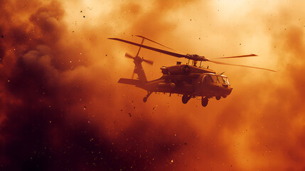 Military chopper crosses crosses fire and smoke in the desert. generative ai