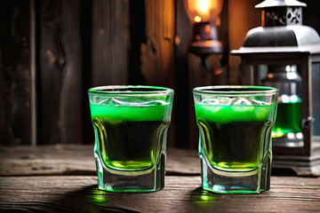 Drinks for St. Patrick's Day party. Shot cocktail on background of a pub. St. Patrick's day. - obrazy, fototapety, plakaty