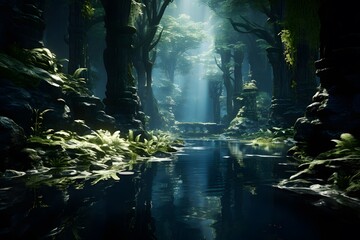 Fantasy landscape with a dark forest and a river. 3d rendering