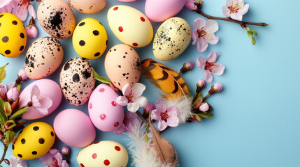 Happy Easter. Horizontal banner, colorful eggs on blue background, pastel colors