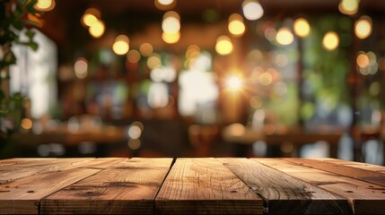 Wooden table with blurred background of restaurant light bokeh. - Powered by Adobe
