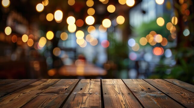 Wooden table with blurred background of restaurant light bokeh.