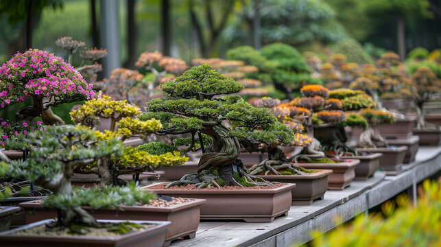 an array of beautiful bonsai tree exhibits, with various types and sizes displayed beautifully. Ai generated Images