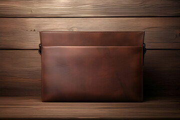 Brown leather briefcase on a wooden background. 3D Rendering