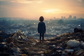 A toddler stands facing away from the camera, gazing towards the landfill with a sense of wonder - obrazy, fototapety, plakaty