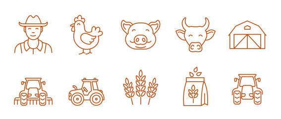 Livestock farm. Agricultural machinery. Set of icons. Vector editable outline stroke.
