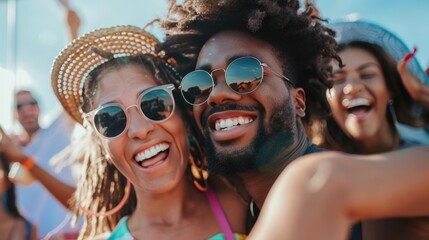 Multiracial hipster couple having fun while dancing on music concert in summer. - obrazy, fototapety, plakaty