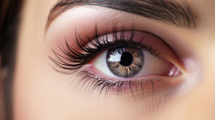 Obraz premium beautiful macro close-up female pupil eye with big eyebrows mascara and eyelashes