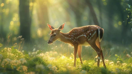 Rolgordijnen Gentle deer grazing serenely in the sun-dappled forest glade.  © Shamim