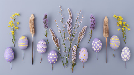  Happy Easter. Horizontal banner, colorful eggs on purple  background, pastel colors