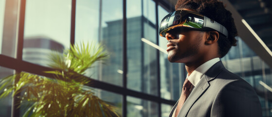 handsome young professional male office worker wearing a small VR Headset and suit in a bright and modern office building created with Generative AI Technology