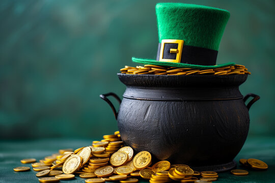 A festive St. Patrick's Day image of a leprechaun hat resting on a black pot overflowing with gold coins.