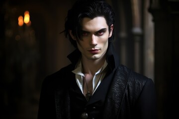 Sexy vampire with pale skin and sharp features, of European descent, lurking in the shadows of his gothic castle, his piercing gaze captivating the viewer. Low key lighting enhances the mysterious 