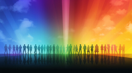 Row of silhouettes of people standing under rainbow