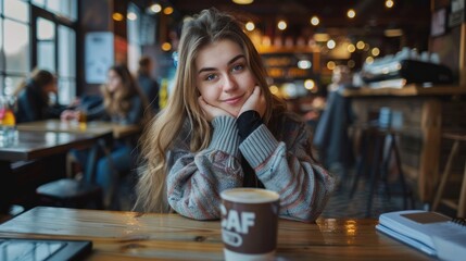 Fototapeta premium Portrait of young woman drinking coffee in cafe.
