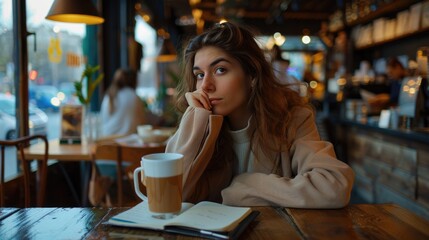 Portrait of young woman drinking coffee in cafe.