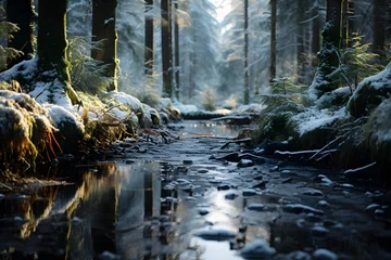 Fototapeten Beautiful winter forest landscape with a small river in the middle. © Iman