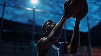 Fototapeta na wymiar Male basketball player dribbling the ball on basketball court in action.