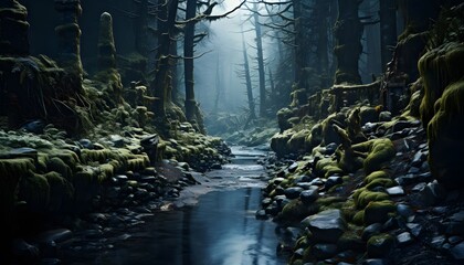 Panorama of a dark river in a dark forest with fog and moss