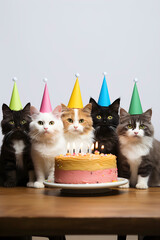 Group of Cats Sitting in Front of Birthday Cake. AI generated - 751209310