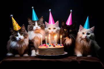 Cats Gathered Around Birthday Cake With Candles. AI generated - 751209325