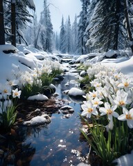 Snowy forest with white crocus flowers in the foreground and a stream in the background