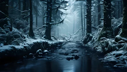 Gordijnen Winter landscape with a frozen river in the forest. Long exposure. © Iman