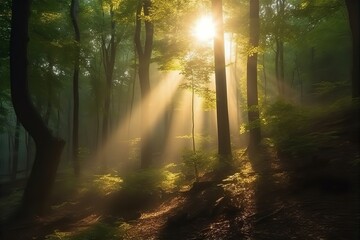 sunlight, forest, green, beautiful, rays, nature, trees, landscape, scenery, tranquil, serene, shadows, foliage
