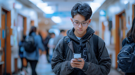 Asian young male student is texting on his phone while walking inside the school