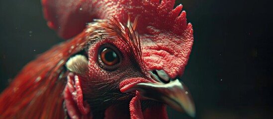 This image showcases a detailed close-up of a red roosters face, highlighting its vibrant red feathers, sharp beak, and intense gaze. The roosters features are prominent and detailed, allowing viewers