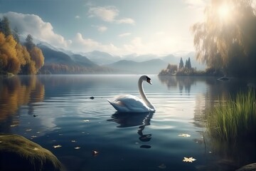 beautiful, landscape, swan, floating, water, nature, serene, peaceful, bird, pond, tranquility,...
